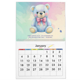 Calendário Kids Party Planner Pastel Teddy Bear Logotipo QR