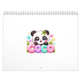 Calendário Lindo Kawaii Coco Panda Nome Pastel Rosa Brilhante