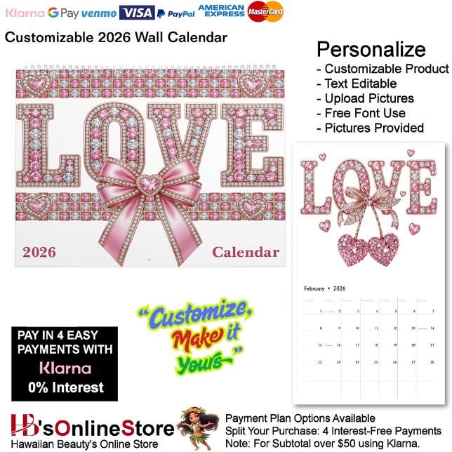 Calendário Love & Hearts Theme 12 Month 2026 Wall (Love & Hearts Theme 12 Month 2026 Wall Calendar.)