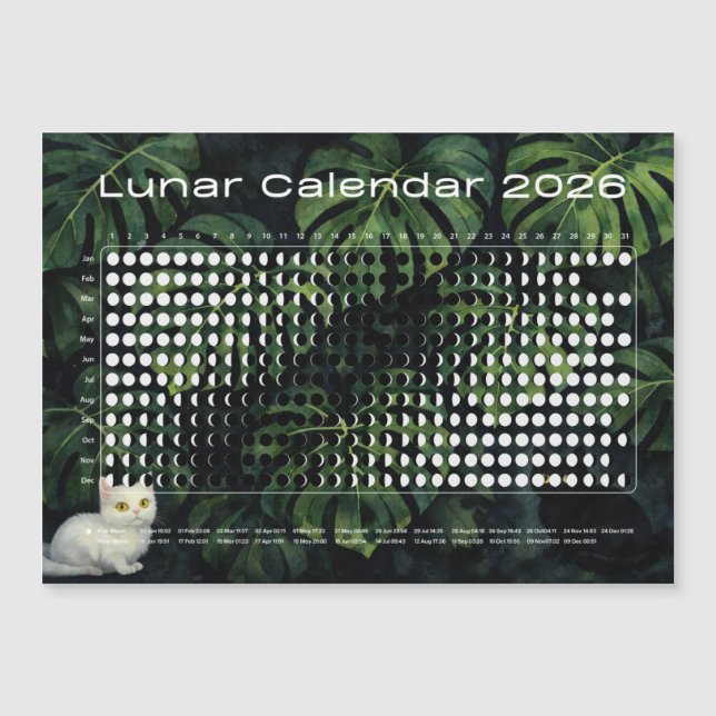 Calendário Lunar 2026 Fases da Lua Monstera gatos (Frente)