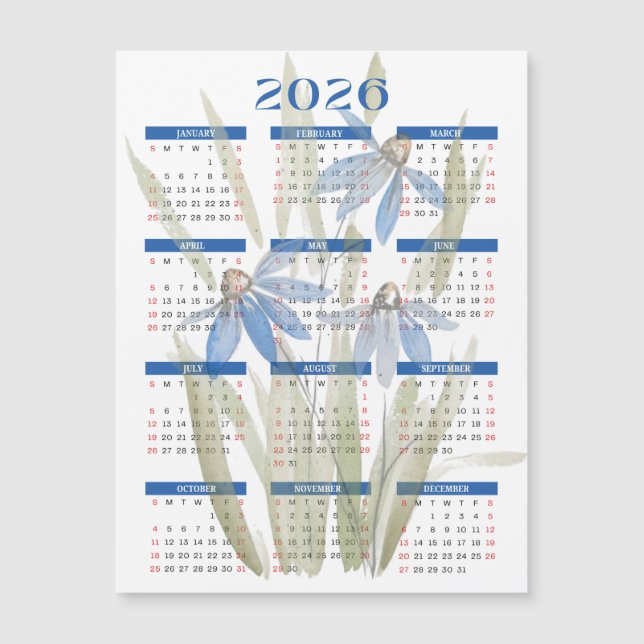 Calendário Magnético 2026 - Blue Daisies Watercolo (Frente)