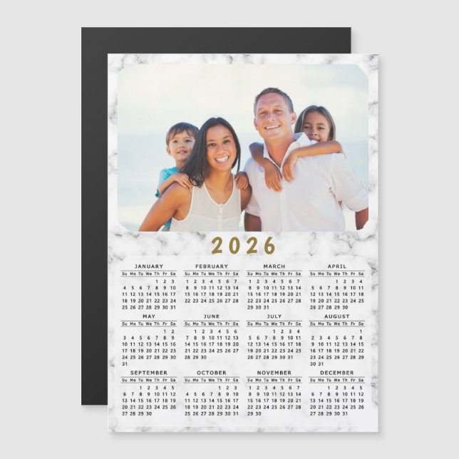 Calendário Magnético 2026 mármore branco sua foto (Frente/Verso)