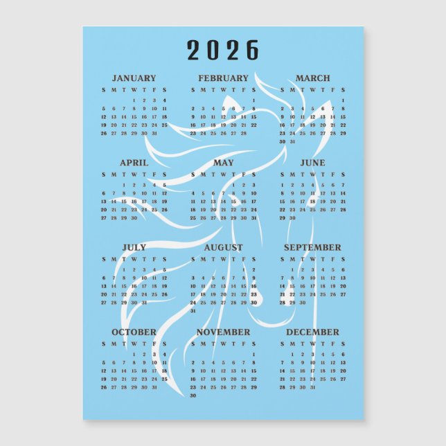 Calendário Magnético de Cavalos Bonito Design 2026 (Frente)