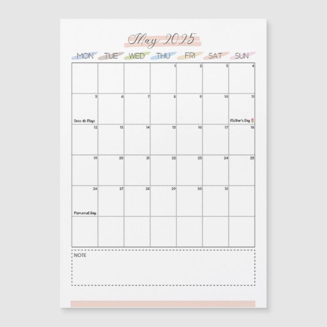 Calendário Magnético de maio de 2025 (Frente)