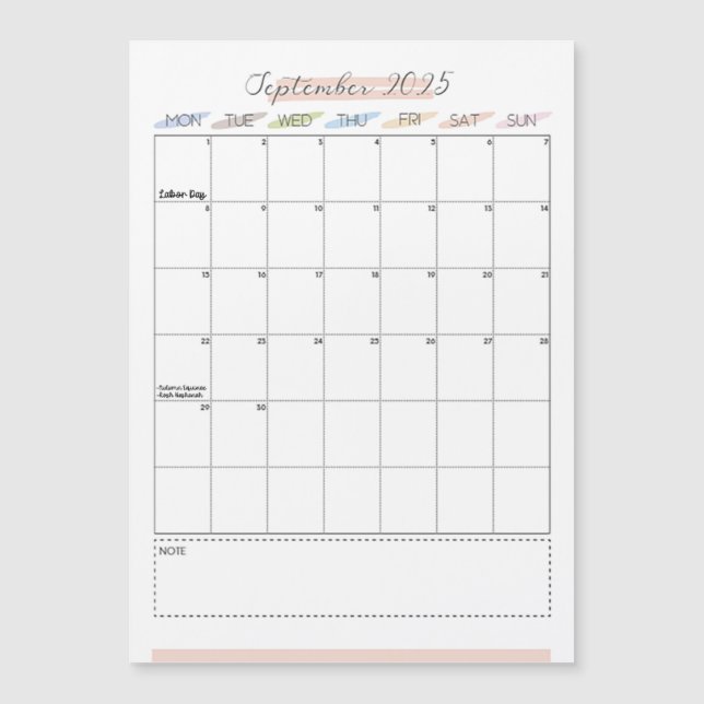 Calendário Magnético de Setembro de 2025 (Frente)