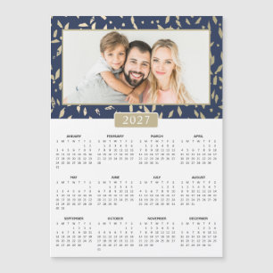 Calendário Magnético Dourado Azul-Marinho de Foto 