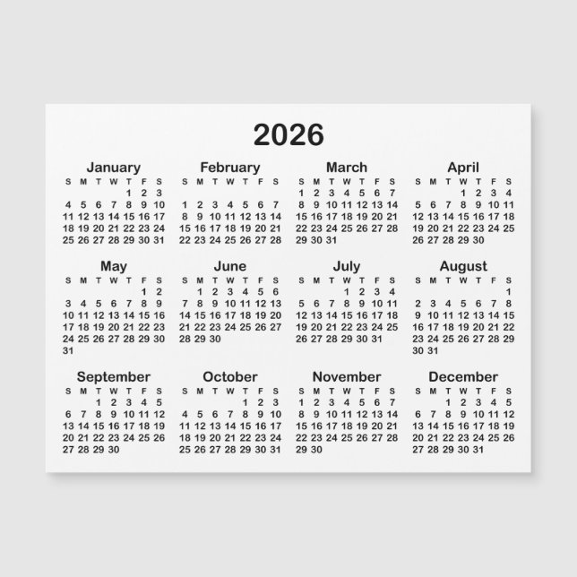 Calendário Magnético Minimalista Preto 2026 (Frente)