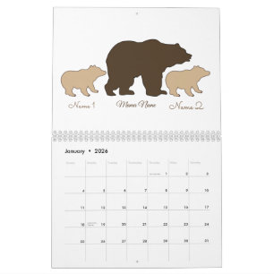 Calendário Mama Urso Personalizada Com 2 Nomes de Filhos Pres