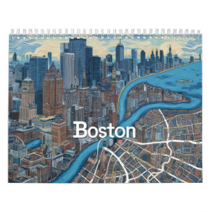 Calendário Mapa Antigo de Boston Massachusetts, Mapa de Bosto