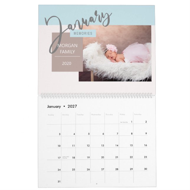 Calendário Memórias de Script Whimsical de Pastel Moderno (Jan 2027)