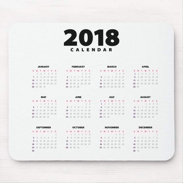 Calendário Minimalista Simples 2018 | Mousepad (Frente)