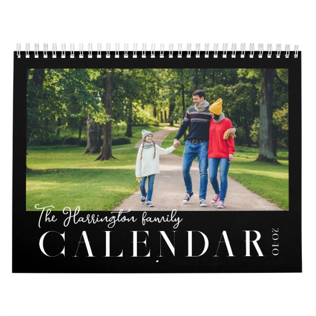 Calendário Modern Black White Custom Family Photo Calendar (Capa)