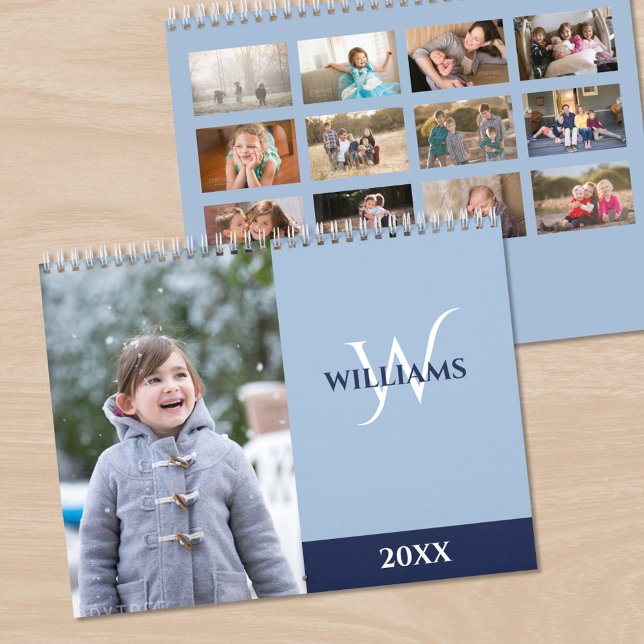Calendário Modern Monogram Light Blue Photo (Modern Monogram Light Blue Photo Calendar, front/back)