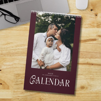 Calendário Modern Typography Custom Family Photo Burgundy