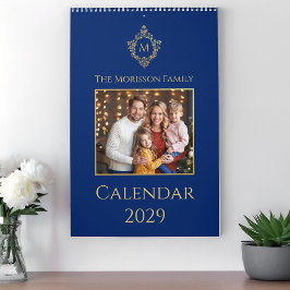 Calendário Monogram & Crest Royal Blue Faux Gold Family Photo