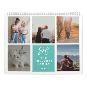 Calendário Monograma da família moderna teal 17 fotos colagem