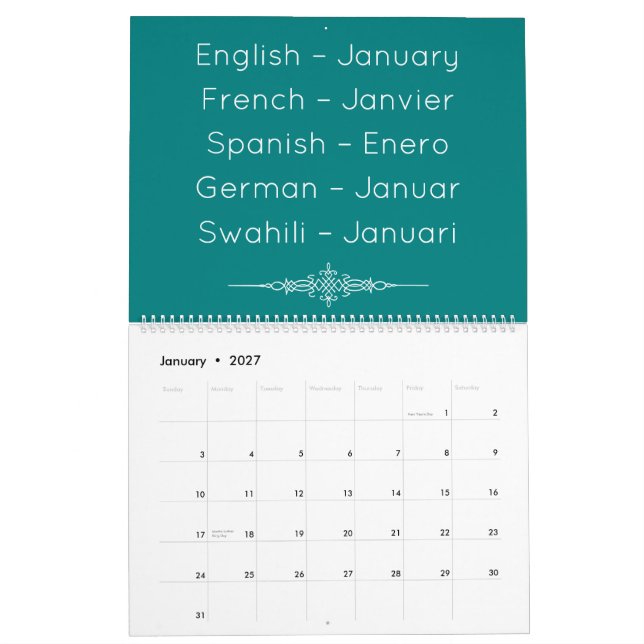 Calendário Multilíngue Verde-azulado (Jan 2027)
