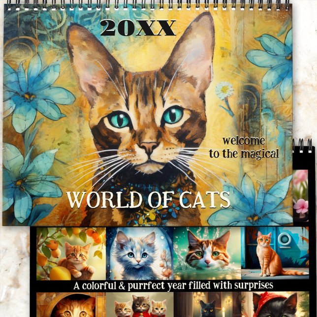 Calendário Mundo de Gatos Mágicos de Arte Cura (An artistic calendar with colorful whimsical fantasy illustrations of cats in different styles. )