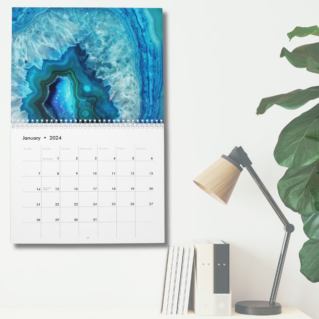 Calendário Na moda Azul Turquesa Muro Moderno (Blue Turquoise Geode Stone Simple Modern Wall Calendar)