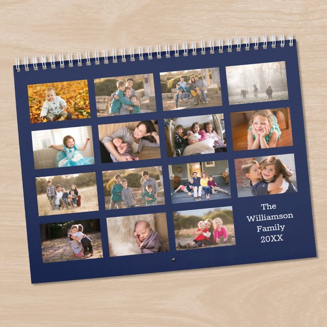 Calendário Naval Personalizado Moderno de 15 Meses (Modern Custom 15 Month Navy Blue Photo Calendar in situ)