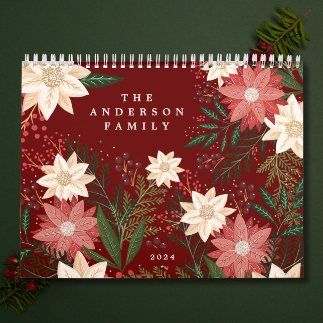 Calendário Nome da Família Maroon Elegante Poinsettia Christm (Criador carregado)