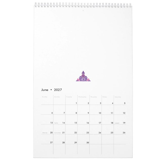 Calendário Ornamentado, design simétrico com roxo, rosa e (Jun 2027)