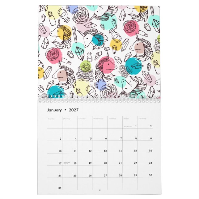 Calendário Padrão Bonito de Unicórnio (Jan 2027)