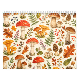 Calendário Padrão de Cogumelo Outonal em Aquarela