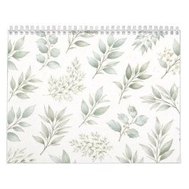 Calendário Padrão de Folhas Botânicas Verde Suave