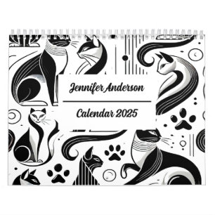 Calendário Padrão de Gato Chic Preto e Branco