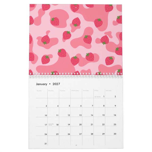 Calendário Padrão de Vaca de Morango Cute Kawaii (Jan 2027)