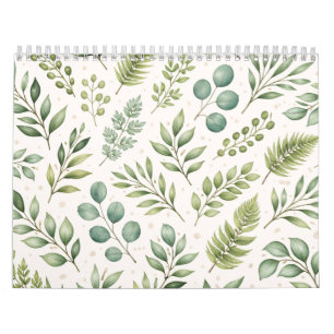 Calendário Padrão de Vegetação em Aquarela Folhas Botânicas