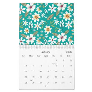 Calendário Padrão Floral Branco Desenhado à Mão 2026