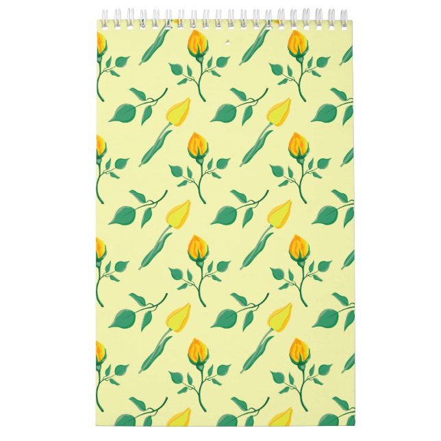 Calendário Padrão floral com rosa amarela e flores tulipas (Capa)
