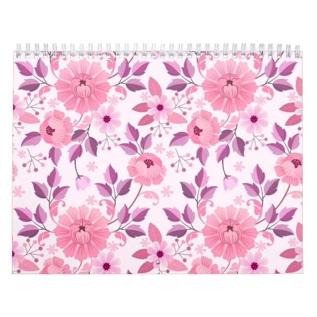 Calendário Padrão Floral Rosa com Flores Elegantes (Capa)