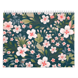 Calendário Padrão Floral Rosa e Branco Elegante