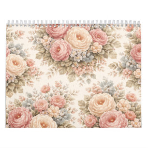 Calendário Padrão Floral Rosa Vintage Pastel Elegante