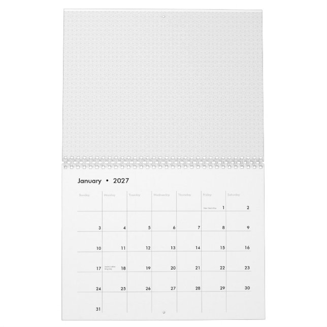 Calendário Padrão geométrico branco e cinza com encravamento (Jan 2027)
