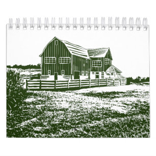 Calendário Paisagem de campo com recortes de madeira casa de 