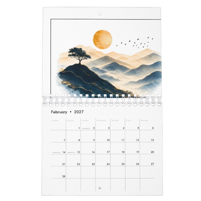 Calendário Paisagem Montanhosa com Sol Dourado (Fev 2027)