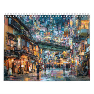 Calendário Paisagem Urbana Japonesa Parede da Cidade de Tóq