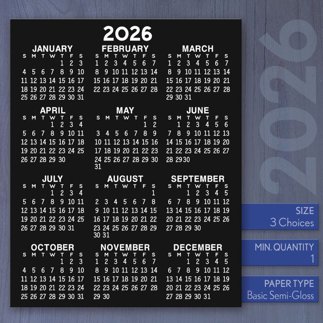 Calendário - Papel Plano Básico Preto para Ano de  (2026 Calendar)