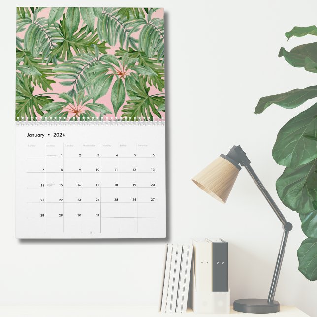Calendário Parede de Folhas Tropicais Rosa Moderno Simples (Simple Modern Pink Palm Leaf Tropical Floral Wall Calendar)
