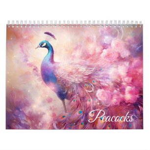 Calendário Pavões Rosa Fantasia em Estilo Abstrato