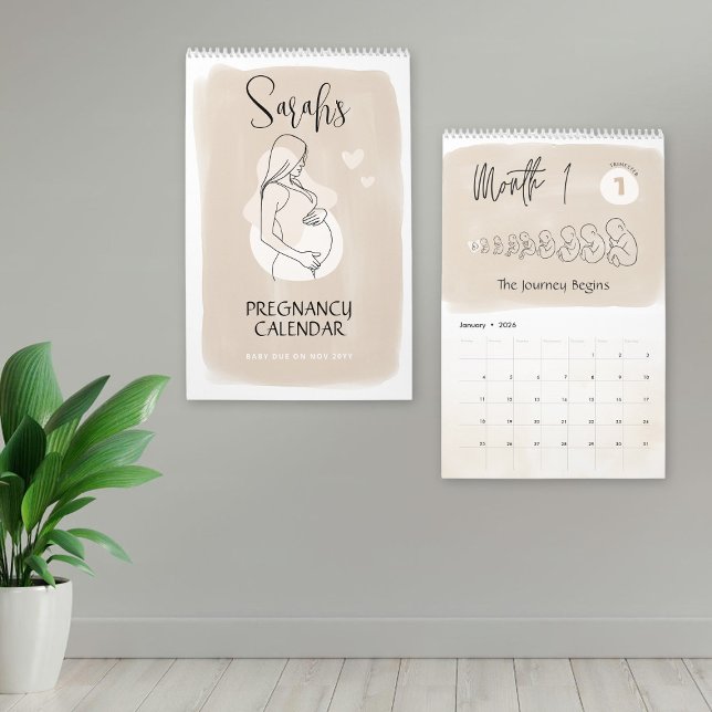Calendário Personalizado de Gravidez, 9 Meses de M (Custom Pregnancy Calendar, Minimalist Beige Neutral Calendar 9 Months Maternity Calendar Keepsake)