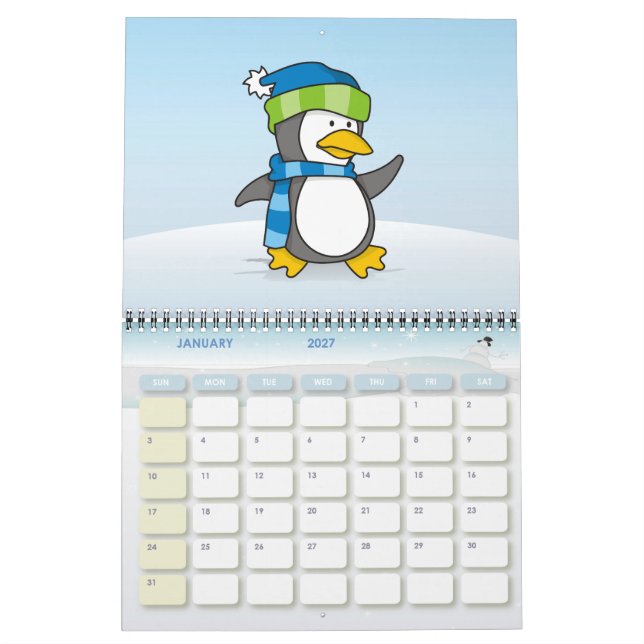 Calendário Pinguim pequeno caminhando na neve (Jan 2027)