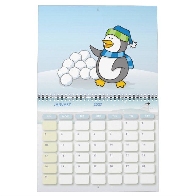 Calendário Pinguim pequeno com bolas de neve acenando (Jan 2027)