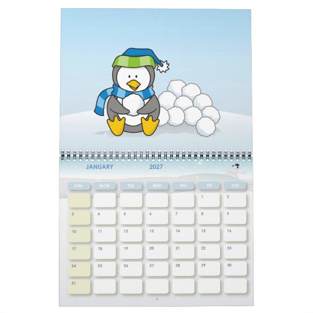 Calendário Pinguim pequeno sentado com bolas de neve (Jan 2027)