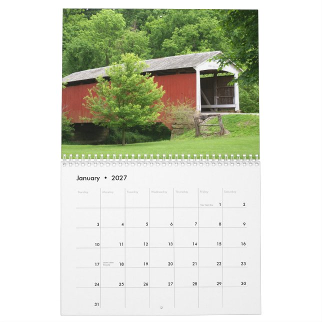 Calendário Pontes cobertas de Parke County Indiana (Jan 2027)