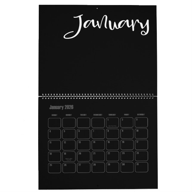 Calendário Preto e Branco Moderno Preenchido (Jan 2026)